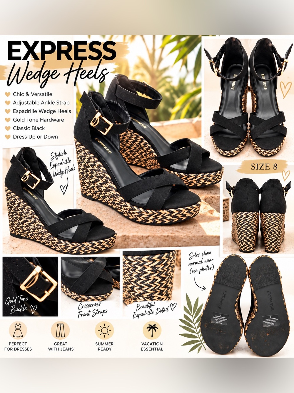 🖤 EXPRESS Black Espadrille Wedge Sandals | Size 8